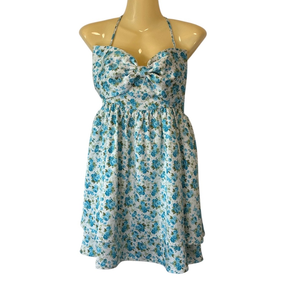 Altar'd State Bow Fit & Flare Mini Dress Sleeveless Cottagecore Blue Floral Med